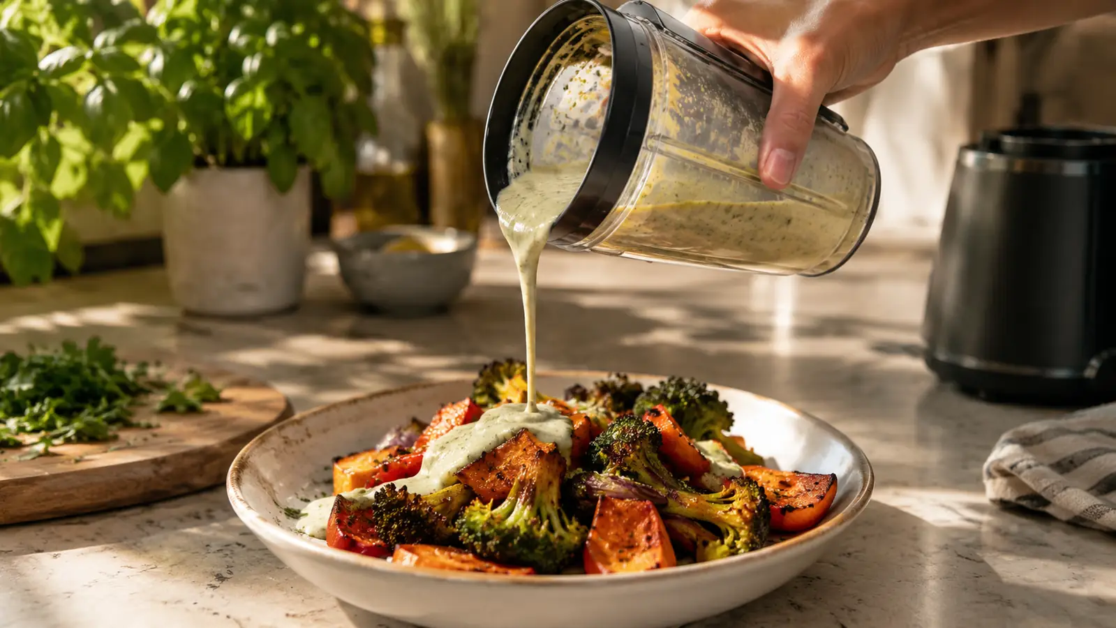 A small blender cup with a sauce being poured over a plate of roasted vegetables