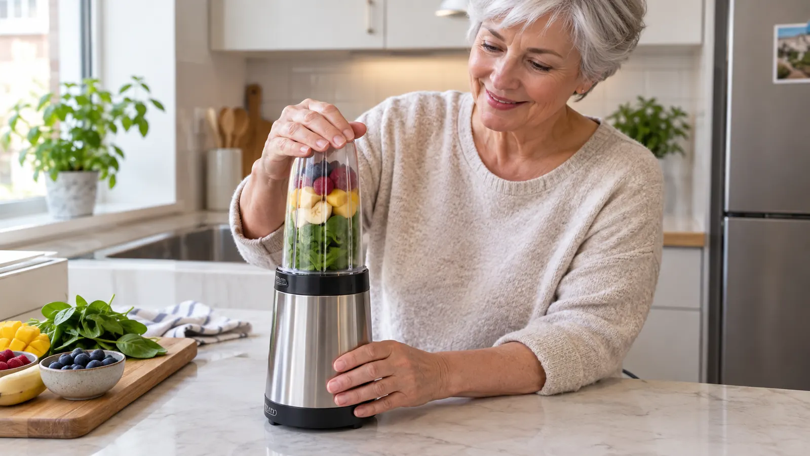A hand pressing the blending cup down onto the small blender base on a kitchen counter