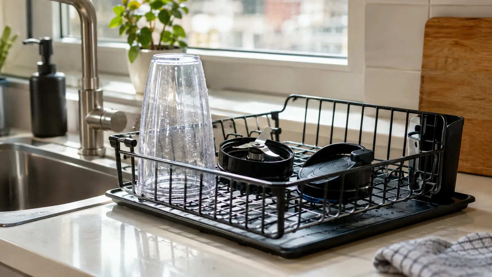 The blending cup, blade ring, and lid set out on a small drying rack beside a kitchen sink
