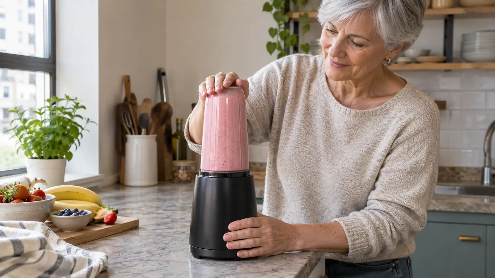 A hand pressing a blender cup down onto its base while a strawberry smoothie blends