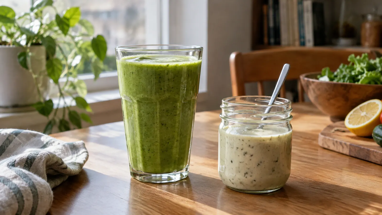 A glass of green smoothie and a small jar of homemade salad dressing on a kitchen table