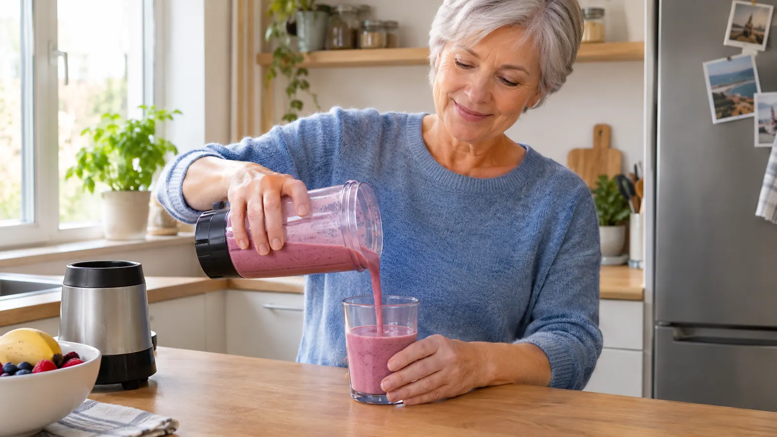 A hand pouring a smoothie from a personal blender cup into a glass on a kitchen counter