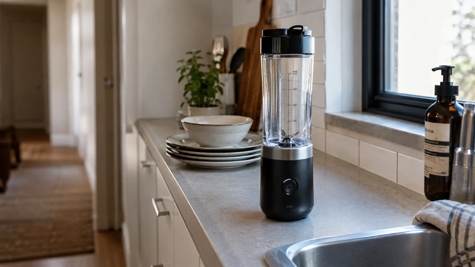 A personal blender cup sitting on a narrow kitchen counter next to a small stack of dishes