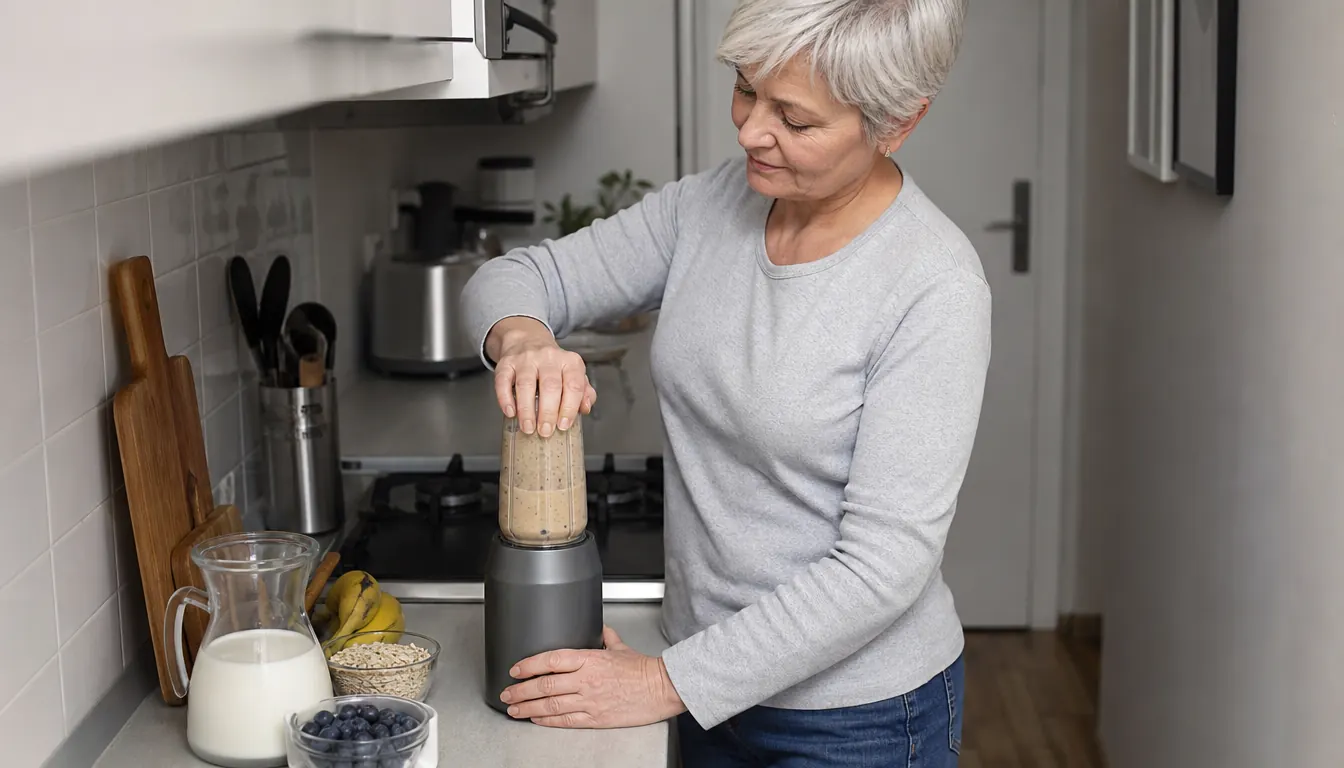 A hand pressing a blender cup down onto its base on a small kitchen counter