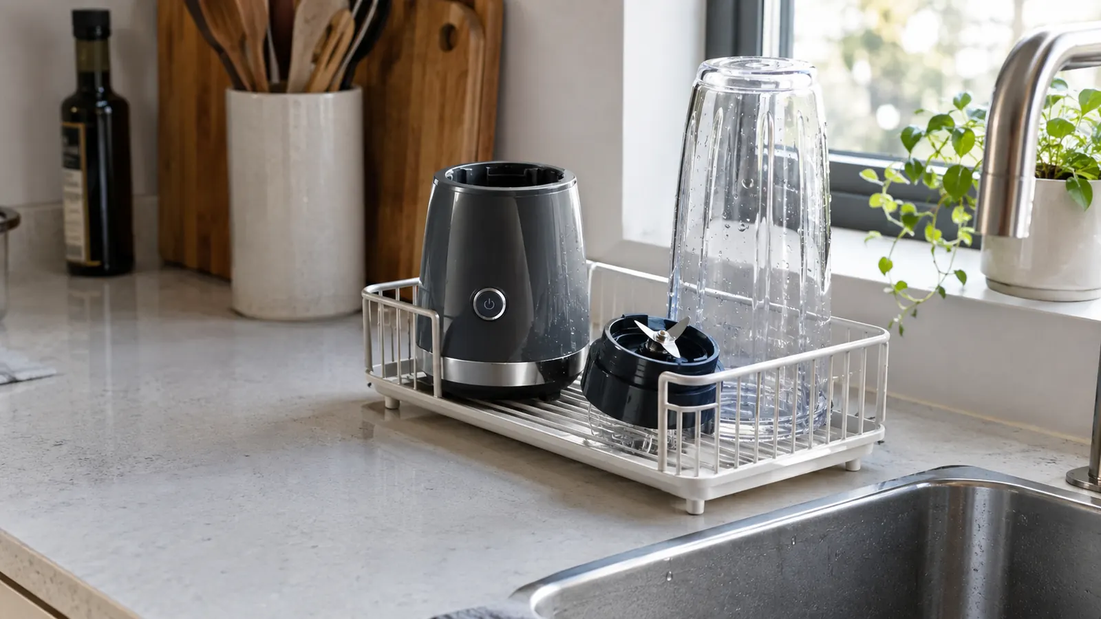 A personal blender base and its cup drying on a small dish rack next to a narrow kitchen sink
